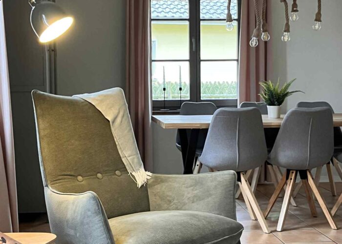 9f4655a1-3ef5-4360-a897-e21d7620ebfd Hier ist der Sessel vor dem Kamin im Ferienhauses Feldlerche auf Usedom an der Ostsee zu sehen