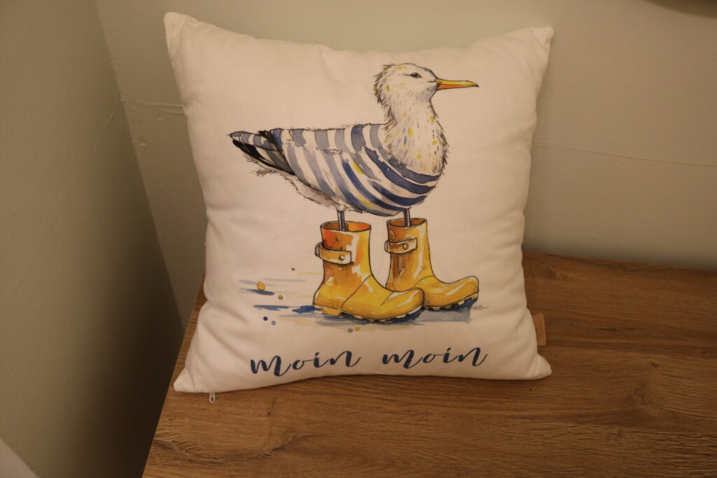 Hier ist ein dekoratives Kissen im Flurbereich im Ferienhauses Feldlerche auf Usedom an der Ostsee zu sehen.